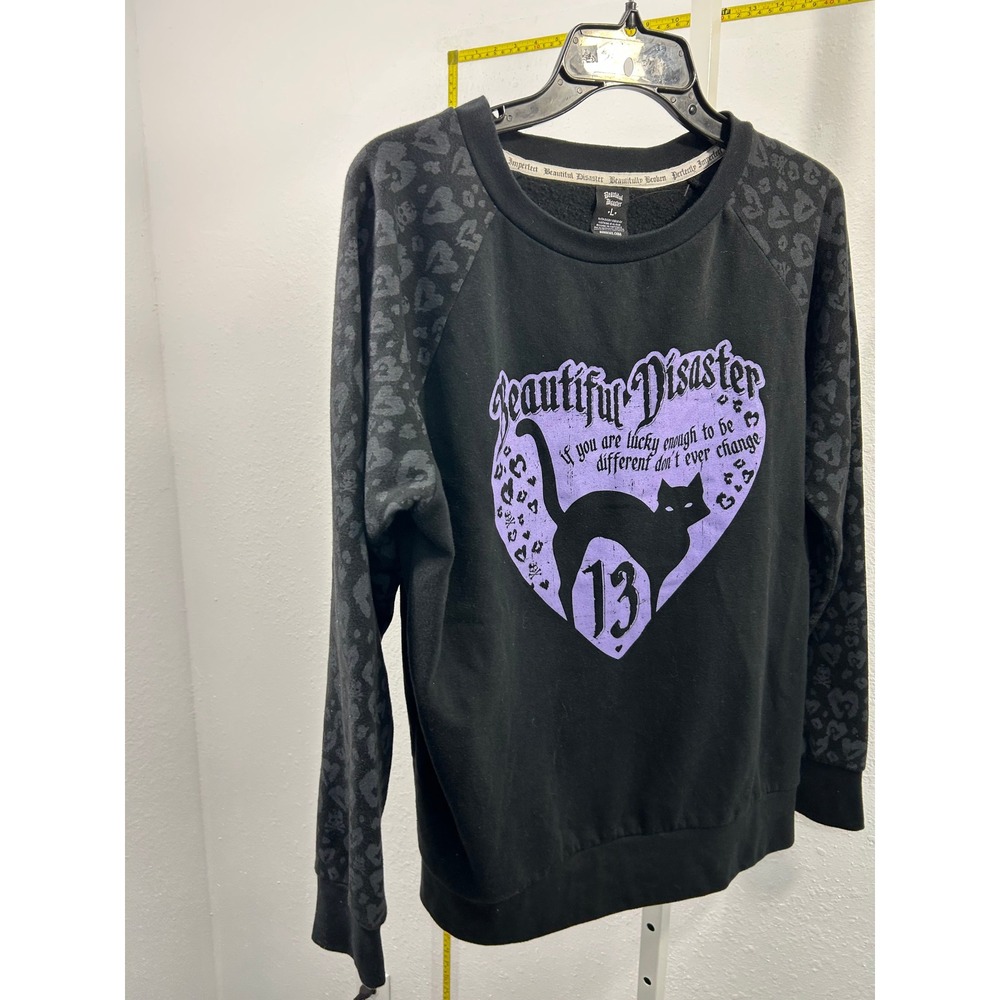 Beautiful Disaster Black Cat 13 Heart Leopard Raglan Sweatshirt Large Purple